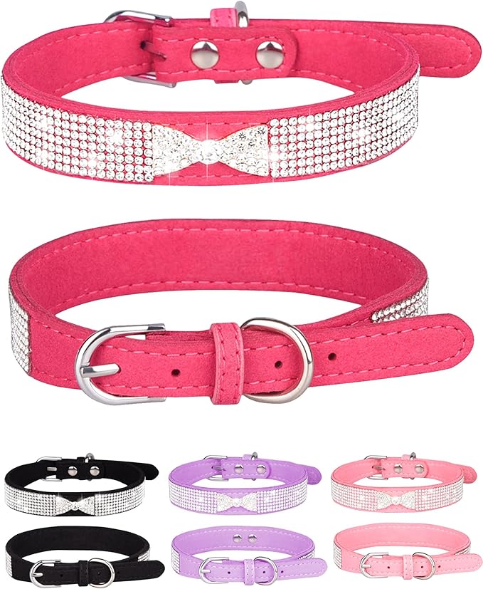 Dog Collar for Small Dogs, Adjustable Leather Suede Bling Dog Collars，Pink Dog Collar Cat Collar, Rhinestone Dog Collar (XS, Rose red4)