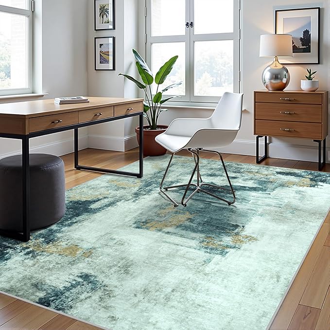 6x9 Area Rugs for Living Room Rug Washable: Abstract Rug for Dining Room Bedroom Carpet Non Slip 6 by 9 Indoor Modern Nursery Home Office Teal Grey Gold