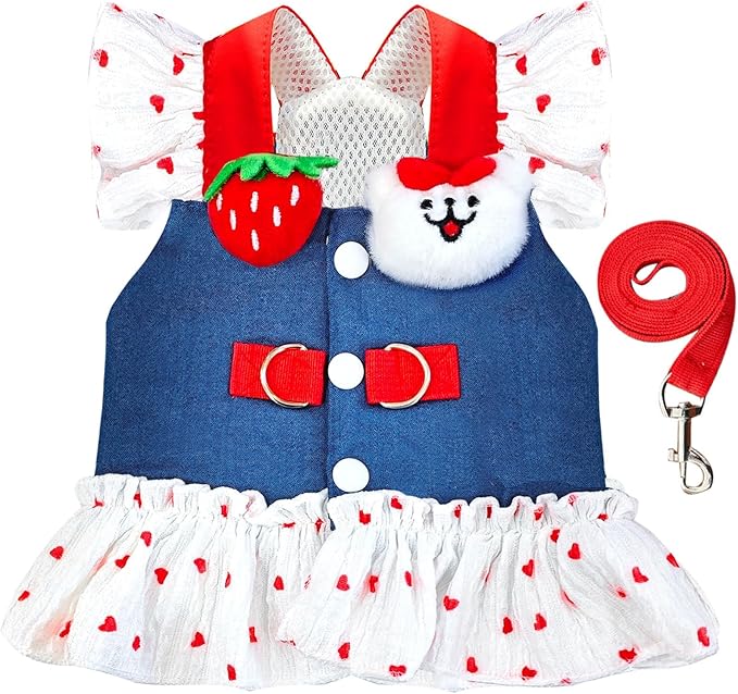 Small Dog Harness and Leash Set Denim Cat Harness Dress for Puppy Clothes for Girls Pink Dog Birthday Dress French Bulldog Harness with Strawberry Bear Decoration