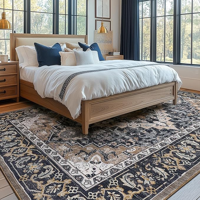 Lessymo Area Rugs 5x8, Machine Washable Area Rug, Super Soft Faux-Wool Area Rugs for Living Room Bedroom Kitchen, Boho Vintage Floral, Non-Slip Low Pile, Kid & Pet Friendly, Black Brown