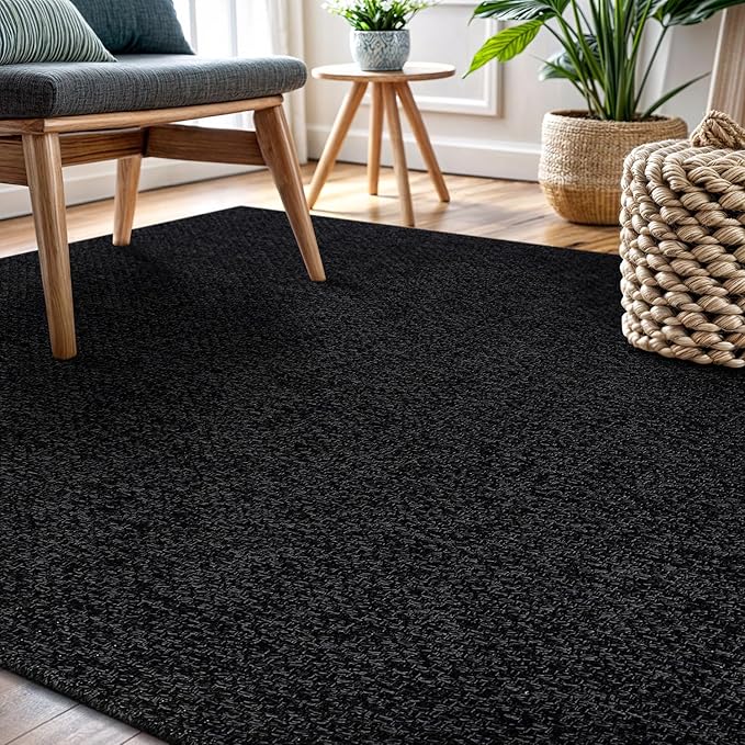 CAMILSON Easy Jute Rug 5x7, Indoor Outdoor Dark Gray Black Farmhouse Area Rugs for Living Room Patio and Kitchen Rug, Solid Boho Woven Design, Easy-Cleaning, Washable Outside Carpet Alfombras (5 x 7)
