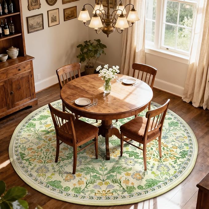 Floral Area Rug for Living Room: 6x6 Washable Soft Low Pile Thin Indoor Carpet, Non Slip Stain Resistant Vintage Flower Boho Accent Large Rugs for Bedroom, Dining, Home Office, Nursery - Ivory