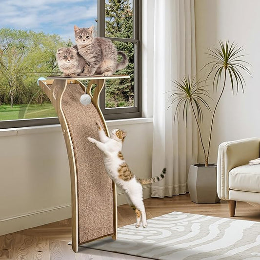 Cat Window Perch with Scratcher Ramp, 48" Climbing Tree Suctions Cups to Window Maximum Hold Up to 66lb, Supports Large Cats, Providing Pulti-Level Perches for Climbing,Resting(Deep Wood, 48'')