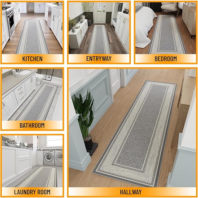 Ottomanson Hallway Runner Rug 2'7" x 9'6" Non Slip Border Area Rugs Easy to Clean Laundry Rug Runner Durable & Pet Friendly Floor Carpet Runners for Hallways Entryway Living Room Kitchen, Light Gray