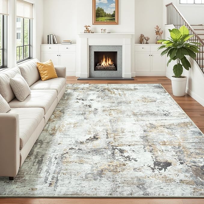 8x10 Area Rugs for Living Room, Abstract Neutral Large Washable Rug, Indoor Soft Non-Slip Floor Carpet for Bedroom Dining Room Home Decor, Brown/Grey
