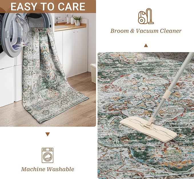 Washable Rug 8x10 Area Rugs for Living Room - Stain Resistant Non-Slip Backing Rugs for Bedroom - Vintage Large Area Rug (Green, 8'x10')