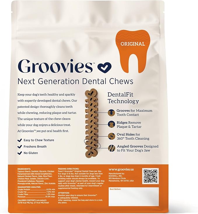 Groovies Flexible, Yet Moderately Tough Daily Dog Dental Chews. Powered by USA-Patented DentalFit Technology. No Added Gluten, No Artificial Flavors or Colors. Original 6oz (Small 22Chews)