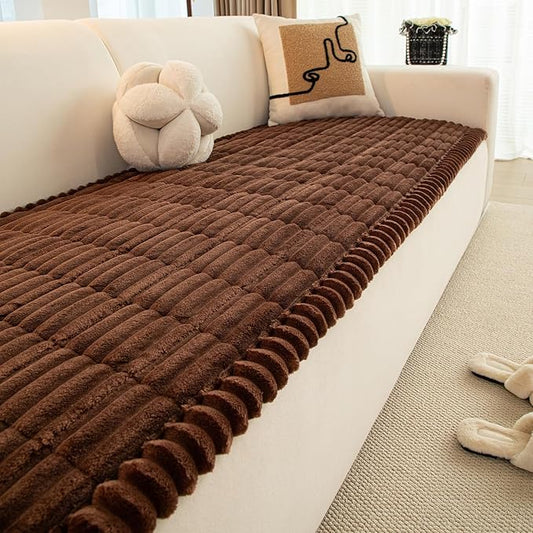 Faux Fur Plush Dog Couch Cover, 3D Stripe Fuzzy Sofa Covers, Non-Slip Fluffy Dog Bed Cover Pet Blanket, Washable Furniture Protector for Puppy Cat (Dark Coffee,28"x94")