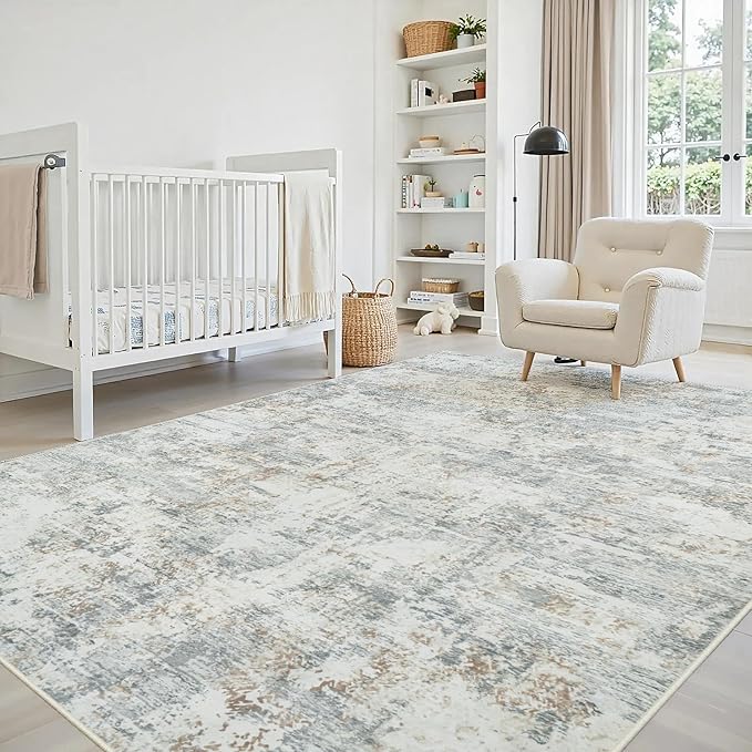 6x9 Area Rugs Living Room Rug Modern Abstract Neutral Washable Rugs Non Slip Soft Carpet Large Area Rug Low Pile Stain Resistant Non Shedding for Bedroom Nursery Dining Room Home Office Gray Brown