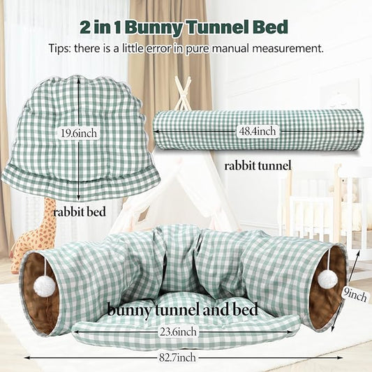 BWOGUE Bunny Tunnel Bed, 2-in-1 Collapsible Tunnel Tubes Toys with Removable Mat Hideout for Cats Kittens Rabbits Guinea Pigs Kitty (GreenPlaid)