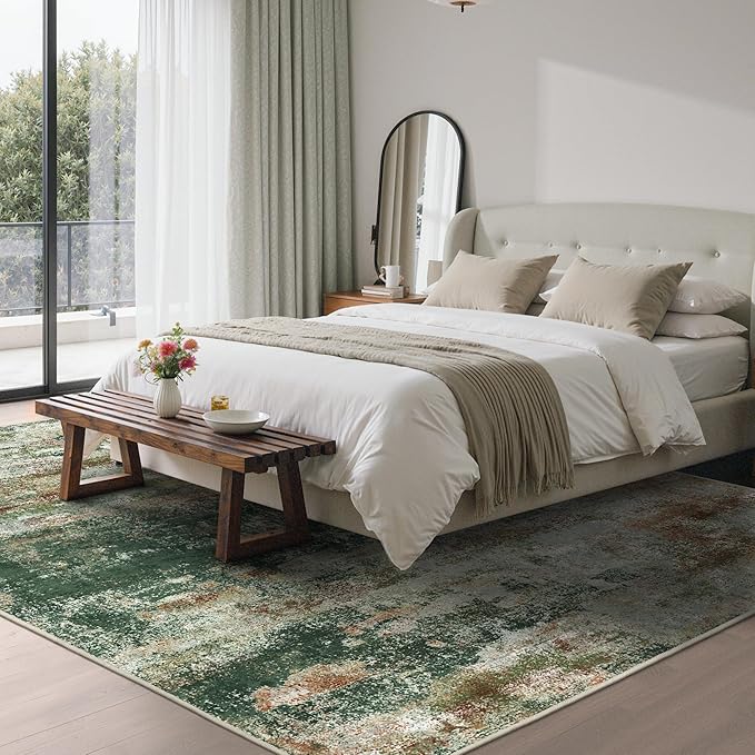 Area Rugs 6x9 for Living Room Bedroom, Modern Abstract Machine Washable Rug, Large Soft Low Pile Floor Carpet with Non Slip Backing for Dining Room, Green/Brown