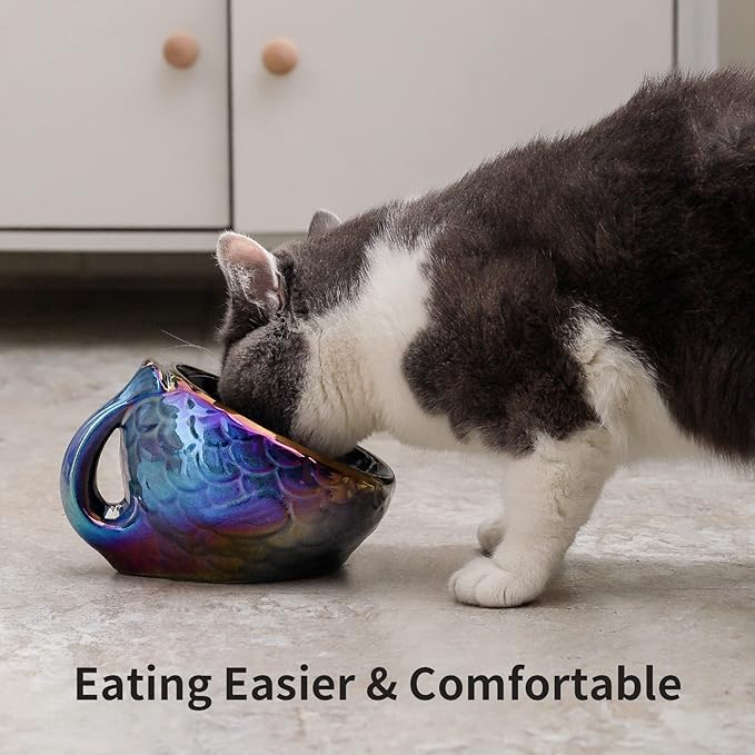 Nihow Cat Food Bowl: 5.7 Inch Ceramic Raised Cat Dish - Elevated Pet Bowl for Protecting Pet's Spine - Colorful Blue (4OZ /1 PC)