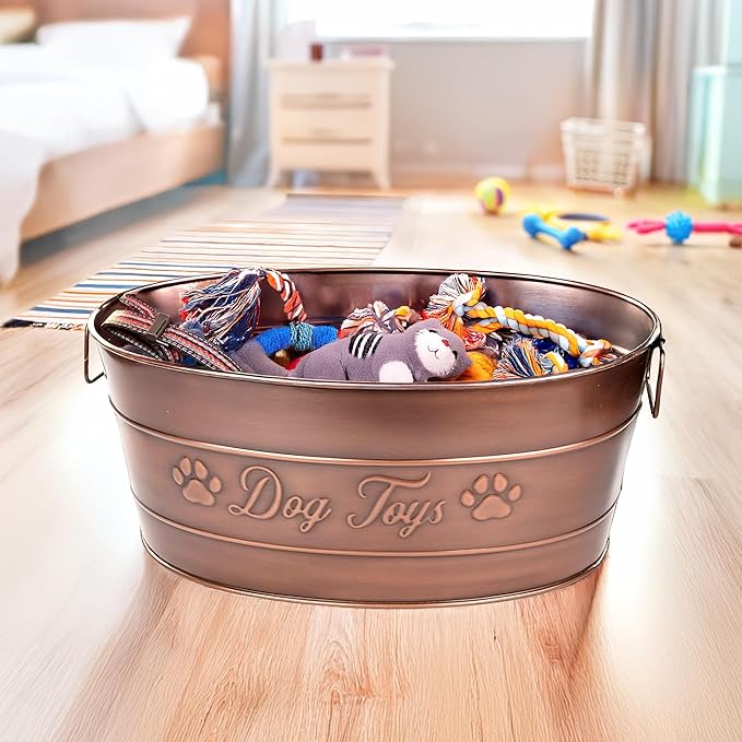 BREKX Indestructible Metal Dog Toy Bin - Galvanized Metal Bin with Handles for Accessory Storage - Pet Toy Basket, Blanket Basket - Storage Dog Toy Box, Farmhouse Decor (Copper - 25 Quart)