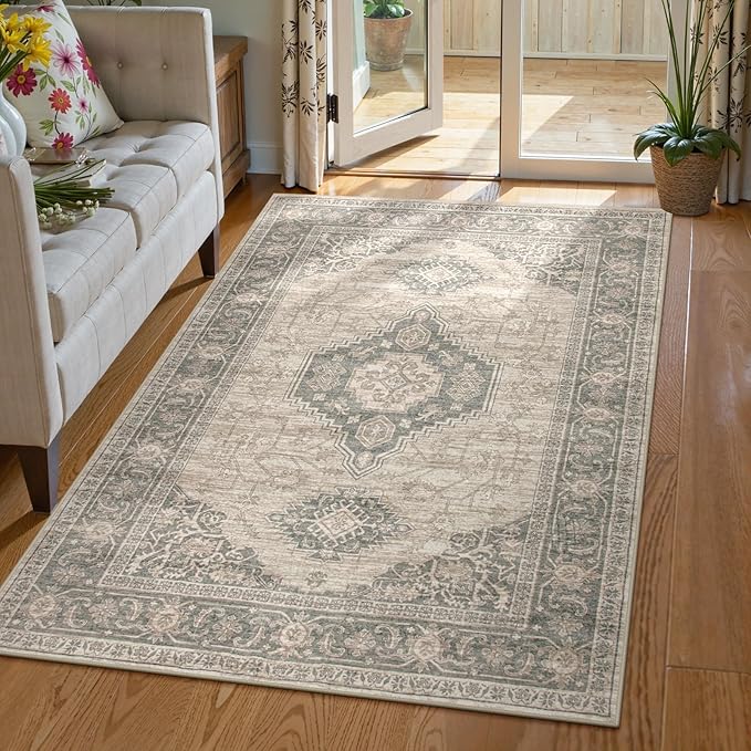 Lahome Oriental Washable Area Rug, 3x5 Soft Rugs for Bedroom Living Room, Ultra-Thin Vintage Non-Slip Throw Carpet for Kitchen Office Entryway, Grey/Brown