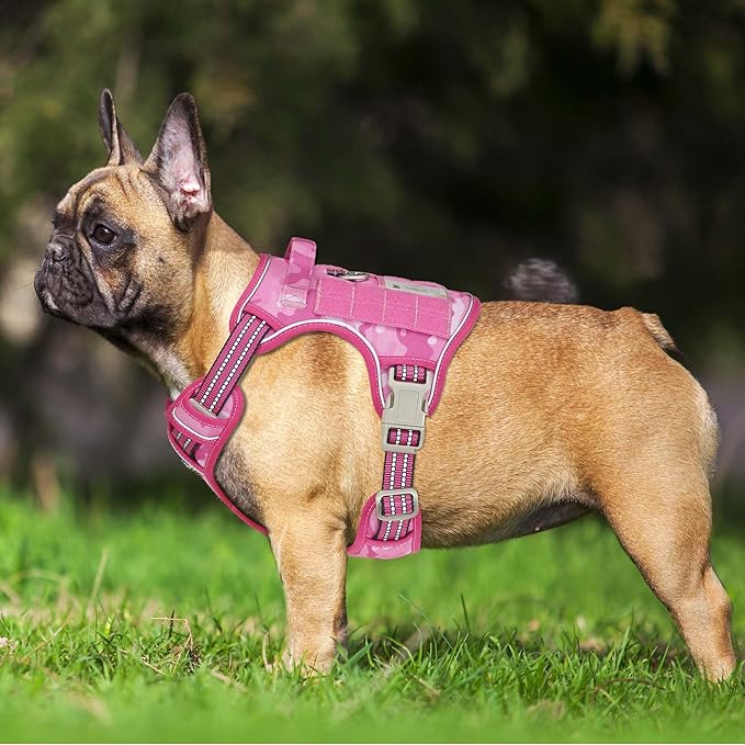 Heavy Duty Tactical Dog Harness for Small Dogs, No Pull Adjustable Pet Harness Reflective Service Training Easy Control Pet Vest Military K9 Working Dog Harnesses- Small, Pink Camo