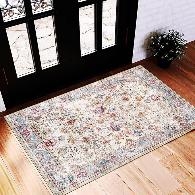 Area Rug 2'x3' Washable Rug Door Mat Vintage Distressed Doormat Indoor Entrance Traditional Thin Floral Print Non Slip Carpet for Kitchen Bathroom Bedroom Living Room
