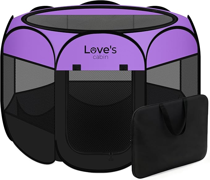 Love's cabin Pet Puppy Dog Playpen, Large Dog Tent Crates Cage Indoor/Outdoor, Portable Playpen for Cat, Foldable Pop Up Dog Kennel Playpen with Carring Case, Removable Zipper Top, Purple