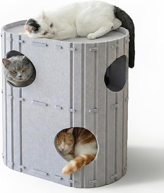 PETKARAY 2-Story Felt Cat House, Large Bed Cave for Indoor Cats, Felt Tunnel Hideaway Condo for Multi-Cat Households, 23.6x22x12 inches, Beige