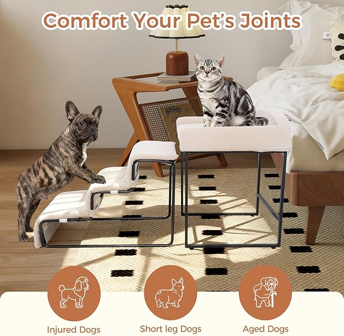 Dog Window Perch with Stairs - Pet Stairs with Seat Bedside Lounge Elevated Pet Bed Non-Slip Dog Window Seat with Sturdy Metal Frame Multi-Level Platform with Foam Upholstery