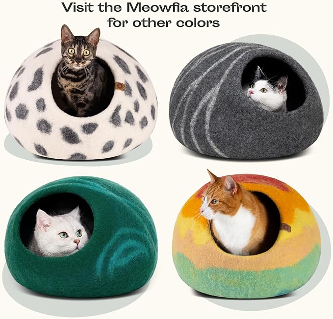 MEOWFIA Cat Cave – Premium Felt Cat Bed for Indoor Cats, Handmade Merino Wool (Black Aqua, Medium)