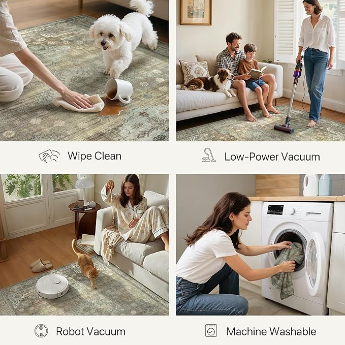 Runner Rug for Hallway Kitchen, 2x5 Machine Washable Runners Rug for Entryway, Soft Modern Boho Throw Rugs, Low Pile Floor Cover with Non Slip Backing, Distressed Light Greyish Sage Green