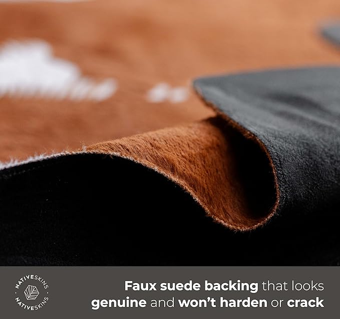 NativeSkins Faux Cowhide Rug ??Brown and White (Large) | 4'7" x 6'7" | Triple-Layer Support | Ultra-Soft Pile | Hand-Cut, Faux Suede No-Slip Backing | Western Rug | Cow Hide Animal Print