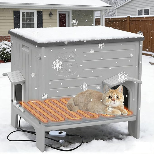 Deblue Heated Cat House for Outside Weatherpoof Plastic Cats Houses Outdoor with Escape Door Indoor Waterproof Feral/Pet Cat Shelter for Puppy, Rabbit(Grey)