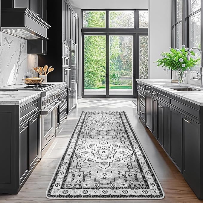 LBRO2M Boho Washable Runner Rug 2'6“X8’ Gray Washable Hallway Runner Rugs Non Slip Low Piles Rugs, Soft, Area Rug Runners for Hallways, Bedroom, Kitchen Laundry Room (2'6"X8', Gray)