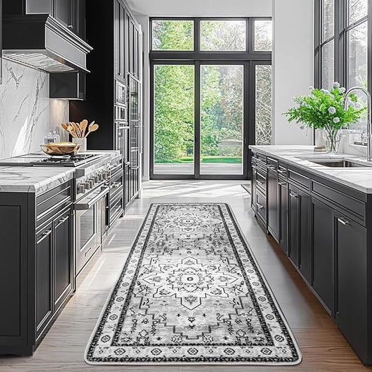 LBRO2M Boho Washable Runner Rug 2'6“X8’ Gray Washable Hallway Runner Rugs Non Slip Low Piles Rugs, Soft, Area Rug Runners for Hallways, Bedroom, Kitchen Laundry Room (2'6"X8', Gray)