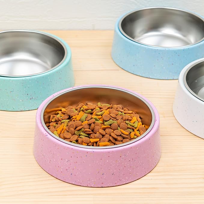 Bzyoo 4 Cup Tilted Dog Bowl with Measuring Scoop for Small Dogs & Cats, Stylish Sprinkle Design, Elevated, Stainless Steel 32 oz Inner Bowl, Non-Skid, Help Cotain Spills Color: Pink