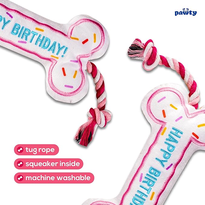 Birthday Bone Interactive Dog Toy - Interactive Tug Rope Pet Toy - Cute Unique Design Party Birthday Gift - Small Medium Puppy - Durable Chew Resistant Plush with Squeaker for Teething (Pink)
