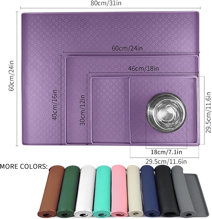 Ptlom Dog Food Mat Anti-Slip Bowl Mats for Food and Water, Waterproof Silicone Pet Placemat with High Raised Edges, Non-Slip Puppy Feeding Tray for Small, Medium Large Cats Dogs, Purple, 11.8"x11.8"