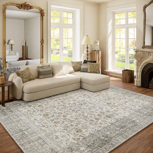 Machine Washable Rugs for Living Room: 6x9 Area Rugs for Bedroom Vintage Stain Resistant Non Slip Low Pile Soft Boho Carpet for Kitchen Dining Room Farmhouse Kids Room Nursery