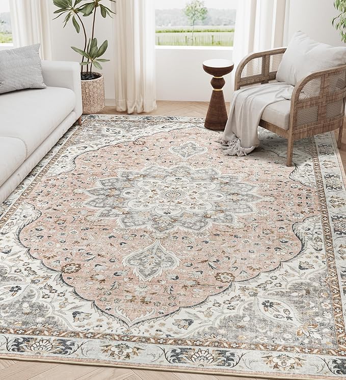 5x7 Area Rugs for Living Room,Stain Resistant Washable Rug,Non-Slip Backing Rugs for Bedroom,Kitchen,Printed Vintage Home Decor Rug (Peach/Gray, 5'x7')