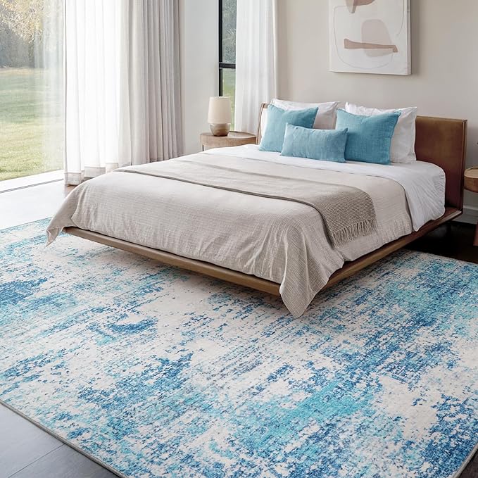 Area Rug Living Room Washable Rugs: 8x10 Modern Neutral Abstract Low Pile Non Slip Floor Carpet - Large Soft Thin Stain Resistant Rug for Bedroom Dining Indoor Office Home, Blue