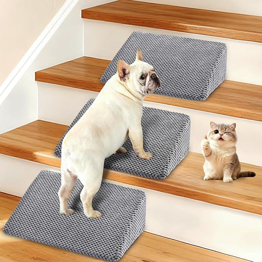 Dog Ramp for Stairs for Small & Senior Dogs and Cats – Non-Slip Stair Wedges for Dogs with Gentle Slope, Pet Ramp with Washable Cover & Self-Sticky Pads for Safe Climbing (Gray, 3 Pack)