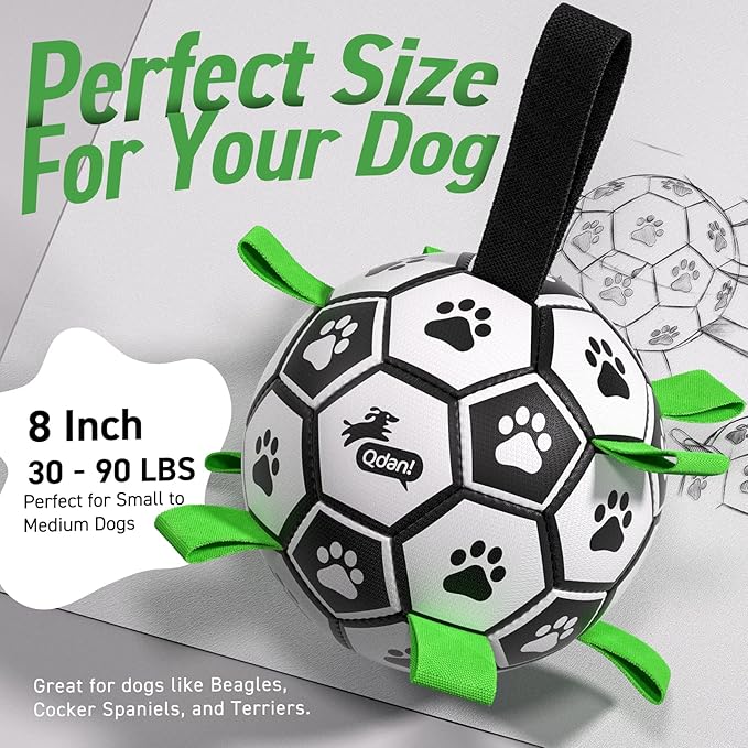 QDAN Large Dog Toys, 8 Inch Soccer Ball for Dogs with Straps, World Cup Interactive Toys for Tug of War, Puppy Birthday Gifts, Water Toy, Durable Dog Balls for Medium Large