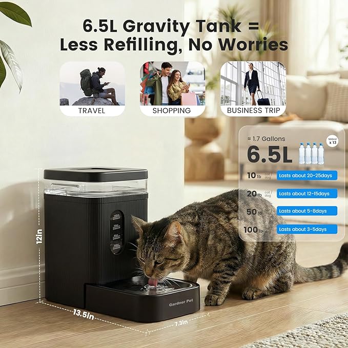 Gardner Pet 1.7 Gallon Automatic Dog Water Bowl Dispenser 6.5L Gravity Water Feeder with Stainless Steel Bowl & Maifan Stone Filter, BPA-Free for for Cats and Dogs (Black, 1.7 Gallon)