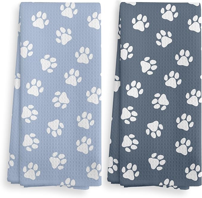Dog Paw Hand Kitchen Dish Towels and Dishcloths Set of 2, Cute light Blue Hand Towels for Bathroom, Cool Gifts for Dog Lovers Women, 16×24 Inch