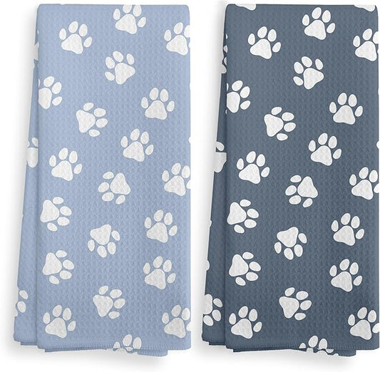 Dog Paw Hand Kitchen Dish Towels and Dishcloths Set of 2, Cute light Blue Hand Towels for Bathroom, Cool Gifts for Dog Lovers Women, 16×24 Inch