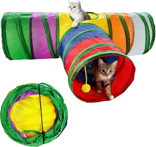 Cat Tunnel,Cat Tunnels for Indoor Cats Interactive, Pet Tunnel Toys for Cats Kitten Rabbits,3 Way Collapsible,Rainbow L 32" T Shape