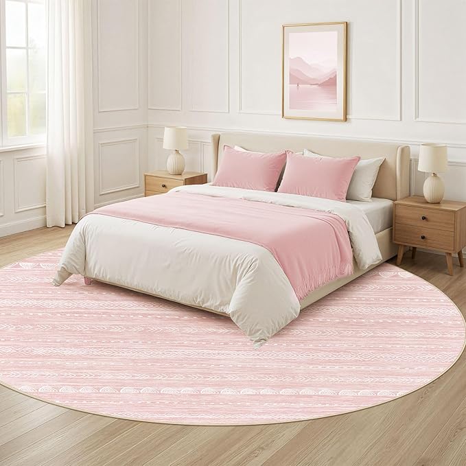 Nakagishi Round Rug Kitchen Washable Rugs: 8x8 Non-Slip Boho Soft Modern Stain Resistant Indoor Floor Neutral Farmhouse Throw Carpet for Hallway Bathroom Laundry Room Entryway Bedroom- Pink