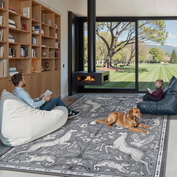 Lahome Boho Animal Rug, 5x7 Washable Living Room Area Rugs, Grey Soft Rugs for Bedroom, Botanical Large Boho Non Slip Dining Room Carpet for Under Table Entryway Kitchen Office (5x7ft, Grey)