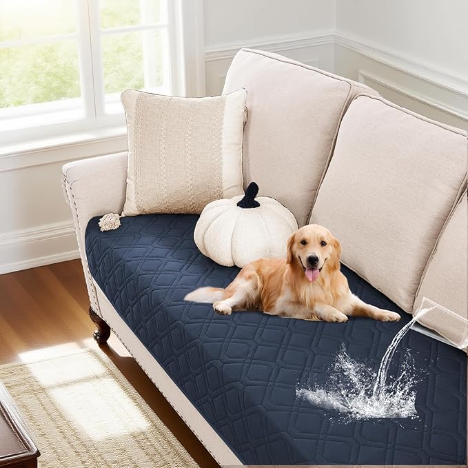 PrinceDeco Waterproof Couch Cover for Dogs Washable Dog Blanket for Bed Couch Sofa Outdoor Bed Cover with Anti-Slip Back(32x82 Inch,Navy)