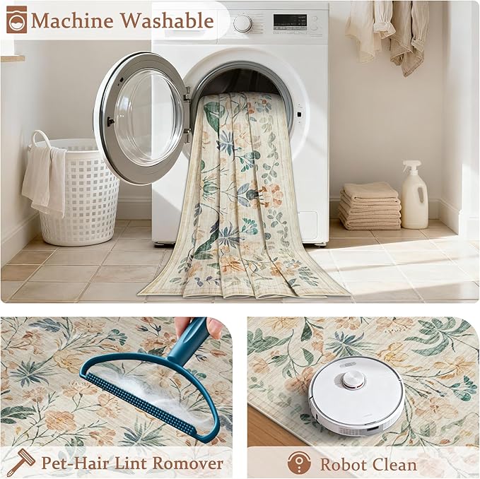 10x14 Area Rugs Washable Rug: Lagre Boho Living Room Rug Soft Non-Slip Thin Carpet Indoor Floor Non-Shedding Neutral Floral Carpets for Bedroom Dining Room Farmhouse Nursery Beige