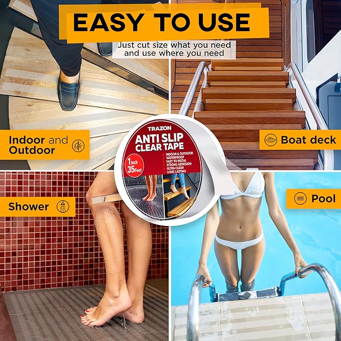Grip Tape - Heavy Duty Anti Slip Tape Clear Outdoor/Indoor 1In*35Ft, Non Slip Roll/Stickers Easy to Cut Waterproof for Bathtub, Shower Floor, Pool, Stairs Safety Non Skid, Comfortable for Bare Foot