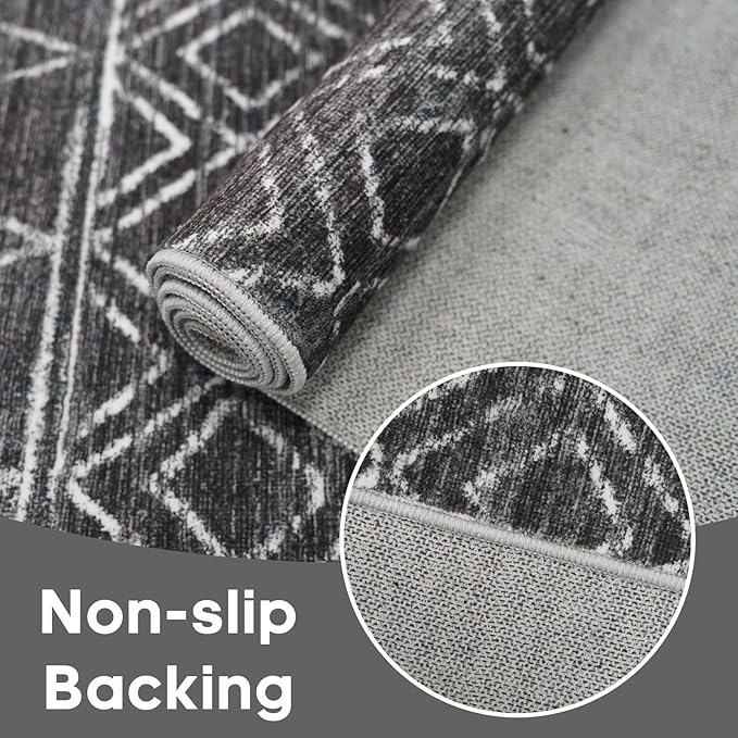 2x5 Rug Runner Moroccan - Washable Hallway Runner Rug Non Slip Pets Friendly Runner Low Pile Soft Indoor Floor Mat Front Door for Kitchen Bedroom Entryway Laundry 2x5 Black