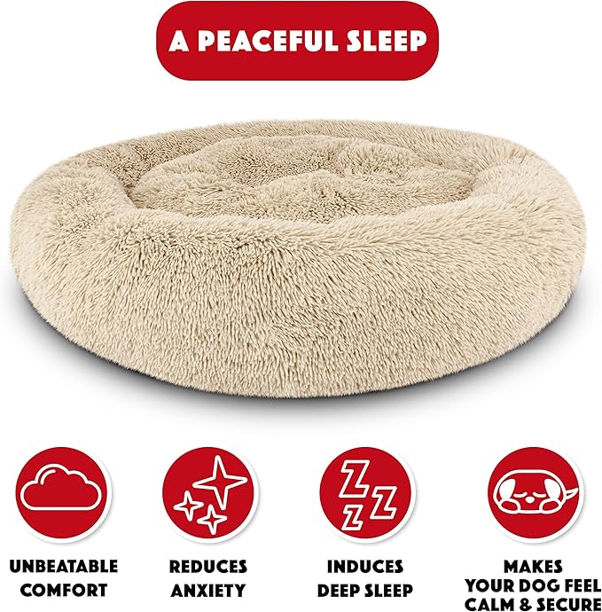 The Dog’s Bed Calming Plush Donut Dog Bed, Replaceable Zip Cover, Beige, Large