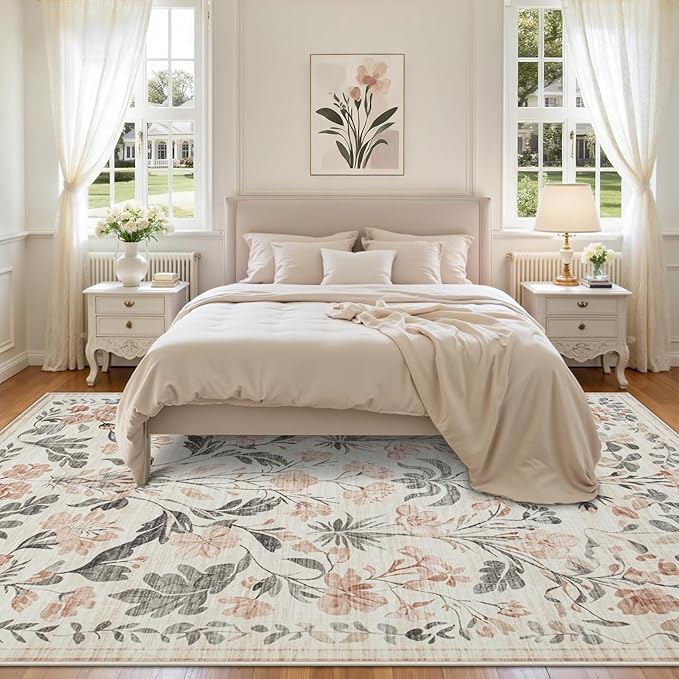 8x10 Area Rugs Washable Rug: Lagre Boho Living Room Rug Soft Non-Slip Thin Carpet Indoor Floor Non-Shedding Neutral Floral Carpets for Bedroom Dining Room Farmhouse Nursery Pink