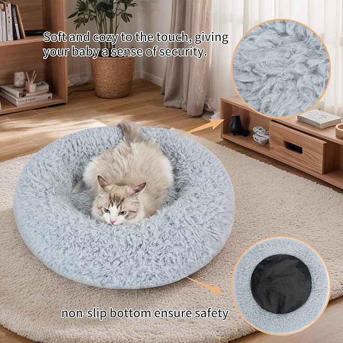 KHONSU PET Calming Donut Cat Bed for Cats & Kittens, Round Plush Cuddler with Chopped Memory Foam, Anti-Anxiety Bolster Support, Machine Washable & Non-Slip